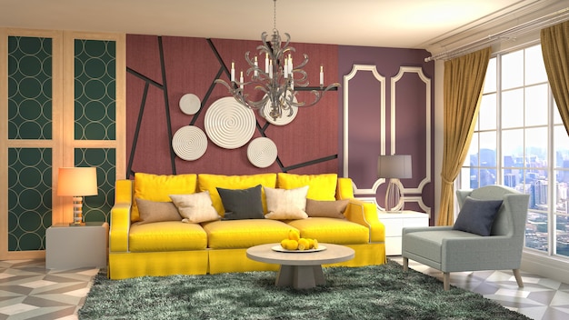 Illustration of living room interior. 3d rendering