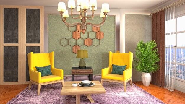 Illustration of living room interior. 3d rendering