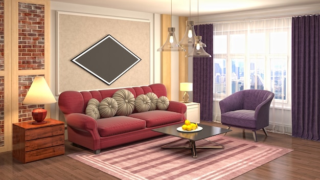 Illustration of living room interior. 3d rendering