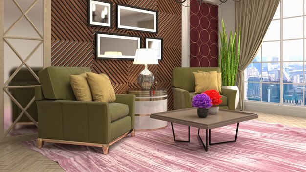 Illustration of living room interior. 3d rendering