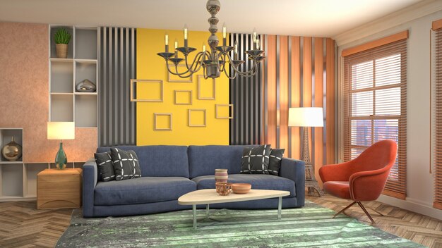 Illustration of living room interior. 3d rendering