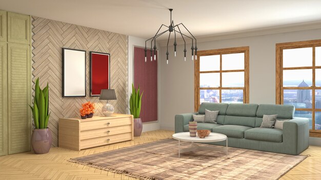 Illustration of living room interior. 3d rendering