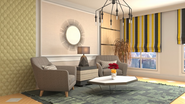 Illustration of living room interior. 3d rendering