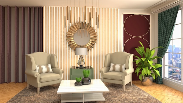 Illustration of living room interior. 3d rendering