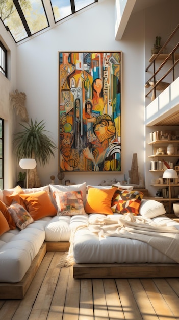 An illustration of a living room with a large painting on the wall