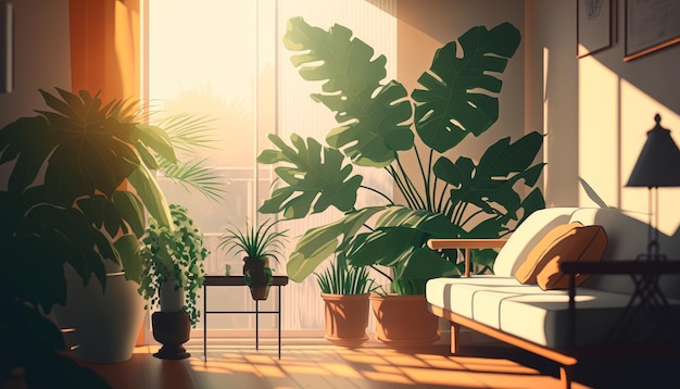 식물이 있는 거실의 삽화 Generative AI