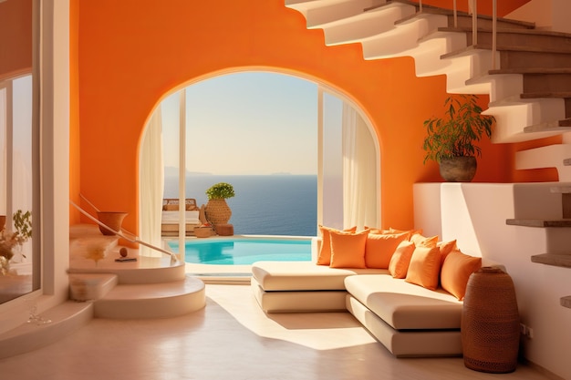 白い階段のリビングルームのイラスト オレンジ色の壁が美しい