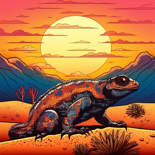 Illustration of a lizard in the desert with a sunset in the background generative ai