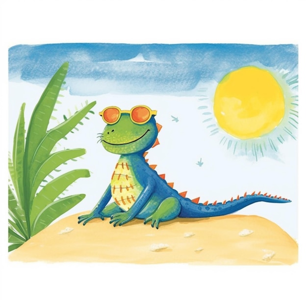 Photo illustration of a lizard with sunglasses sitting on a sand dune generative ai