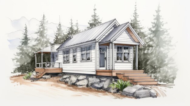 Illustration Of A Log Cabin Tiny Home In The Style Of Dustin Nguyen