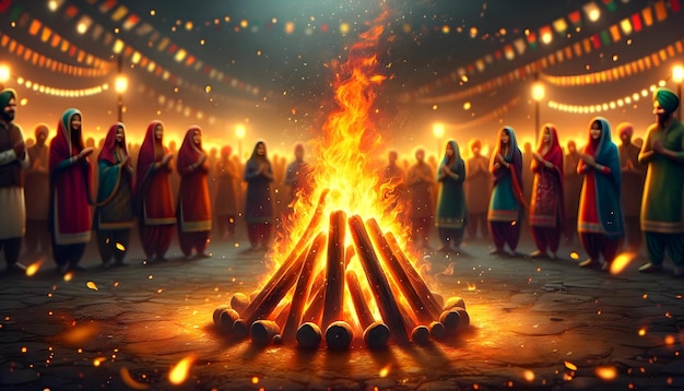 Illustration of the Lohri festival with people and bonfire