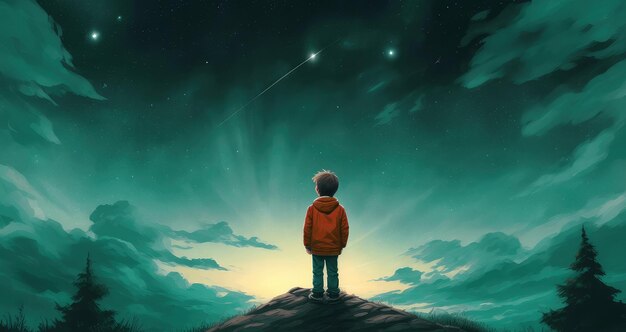 Foto un'illustrazione di un ragazzo solitario con una giacca rossa che sogna mentre guarda un s verdastro e stellato