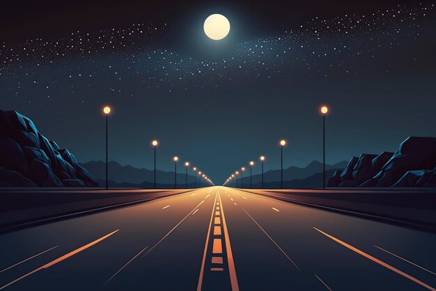 illustration lonely street illuminated by street lamps generative ai