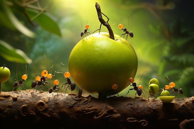 Photo illustration of long exposure manga ants carry huge fruits generative ai