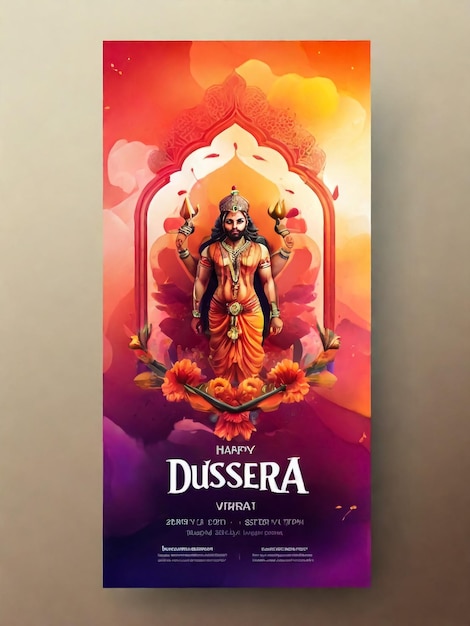 illustration of Lord Rama killing Ravana in Navratri festival of India poster for Happy Dussehra