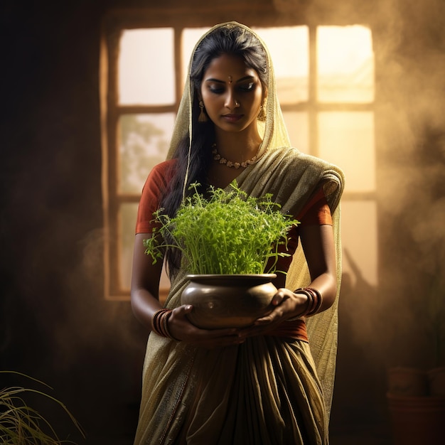 illustration of lots of wheat seedlings grown in pot woman in saree