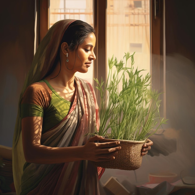 illustration of lots of wheat seedlings grown in pot woman in saree