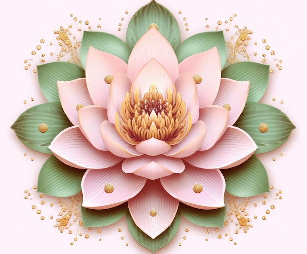 Illustration of a lotus flower image in pink and green inspired by serene and peaceful landscapes and meditation Generative AI