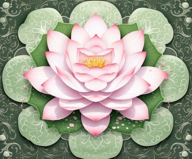 Illustration of a lotus flower image in pink and green inspired by serene and peaceful landscapes and meditation generative ai