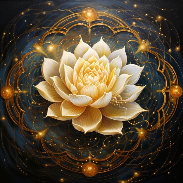 Photo illustration of lotus and golden shining spiral