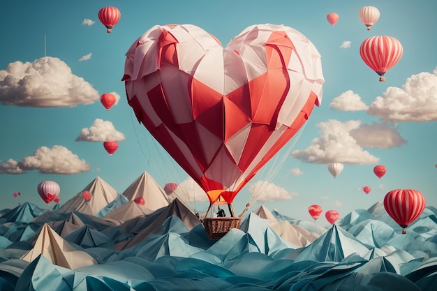 Illustration of love and valentine dayOrigami made hot air balloon in a heart shape with massage 14 february floating on the skypaper art and digital craft style