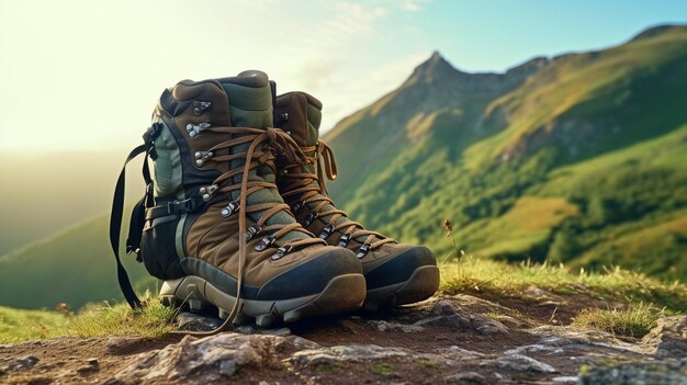 Photo illustration of low angle shot of a backpack and hiking boots