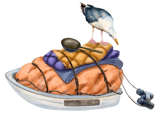 Photo illustration of luggage seagulls and boat