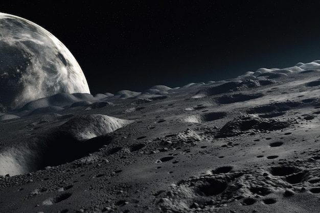 Illustration of the lunar surface as seen from a moon rover Generative AI