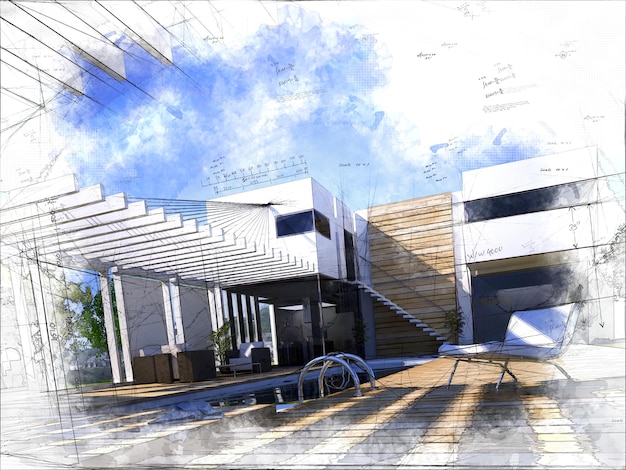 Illustration of a luxurious house exterior with a swimming pool