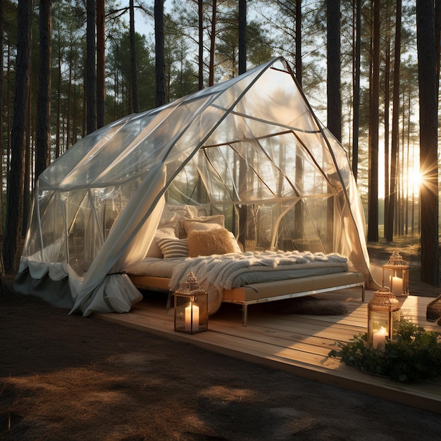 illustration of luxury bed under tent in forest