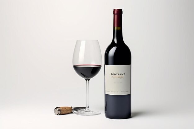 Photo illustration of luxury wine bottle with glass mockup white background generative ai