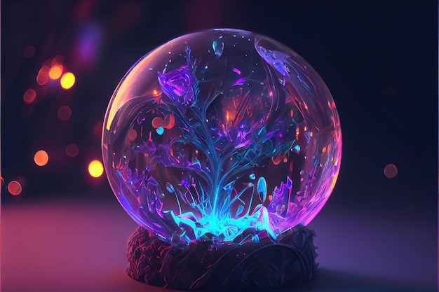 Illustration of magic ball in neon glowing in dark AI