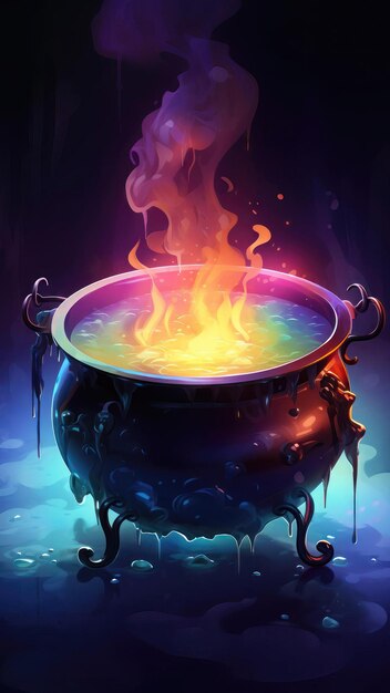 Illustration of magic cauldron with fire and smoke on dark background generative ai