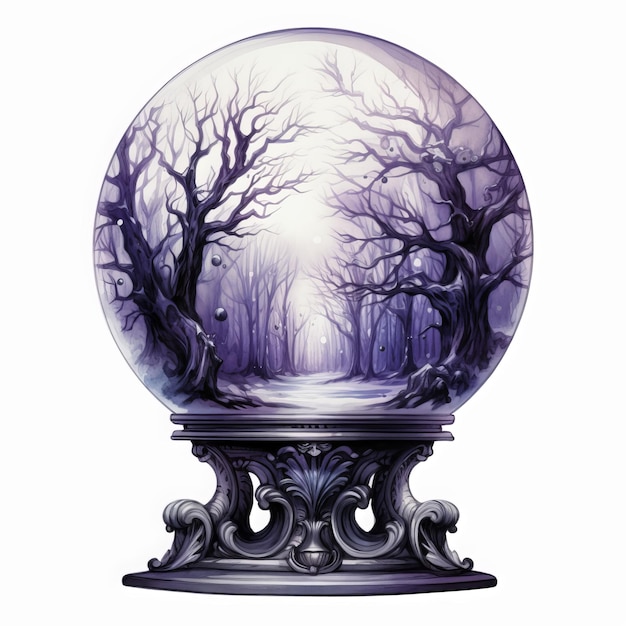 Illustration of magic crystal ball with forest and trees on the background