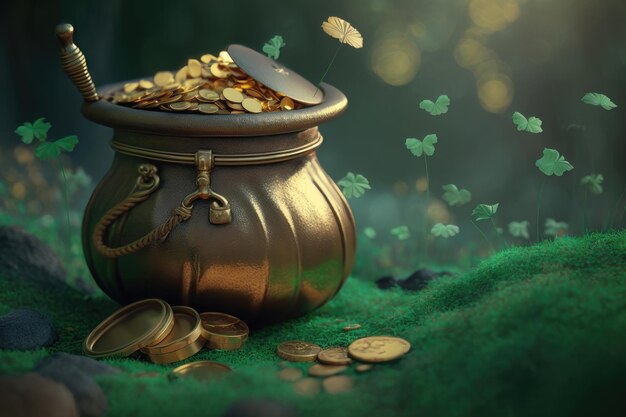 An illustration of a magic pot full of coins and a leprechaun's hat St Patrick's day concept AI Generation