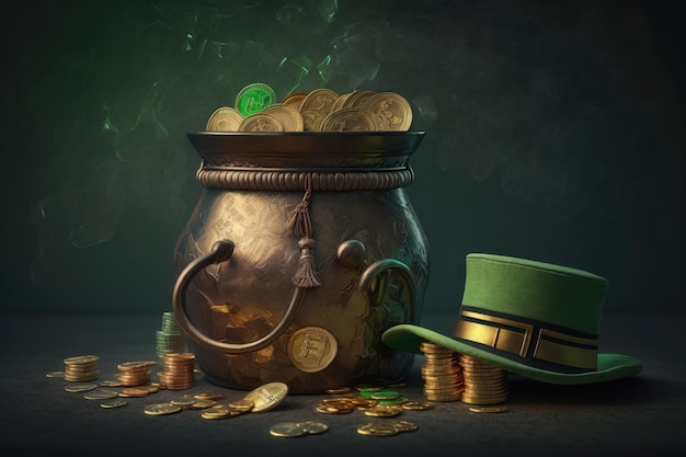 An illustration of a magic pot full of coins and a leprechaun's hat St Patrick's day concept AI Generation