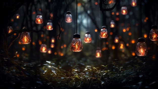 수천 개의 반이는 불빛으로 조명 된 마법의 숲의 일러스트레이션