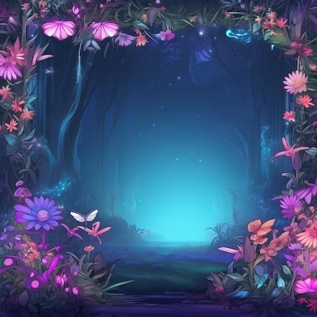 Photo illustration of a magical forest with flowers and butterflies