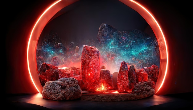 Illustration of magical stone portal in neon glow surrounded by ancient statues Monuments of culture architecture of ancient civilizations relic altar idol idolatry parallel world 3D artwork