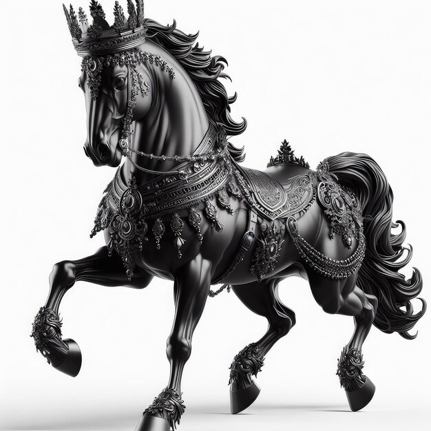 Illustration of a Majestic Black Horse Wearing a Crown Created With Generative AI Technology