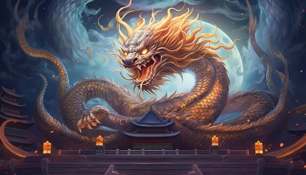 古代 の 寺院 の 周り に 巻か れ て いる 壮大な 中国 の ドラゴン の 絵