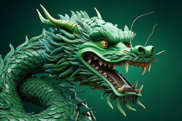 Photo illustration of majestic emerald dragon on green background closeup