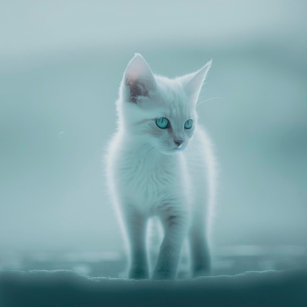 An Illustration of a Majestic and Graceful White Cat Enjoying a Serene Stroll in a Winter Wonderland, Amidst a Scenic Snowy Landscape Depicting the Calm and Beauty of Nature in Winter. created with Ge