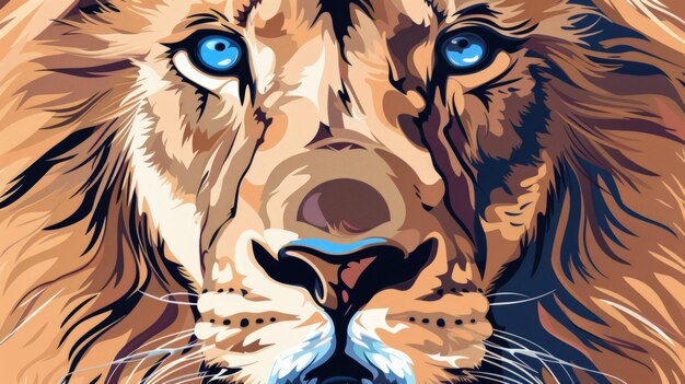 Illustration of a majestic lion in striking blue with a piercing gaze