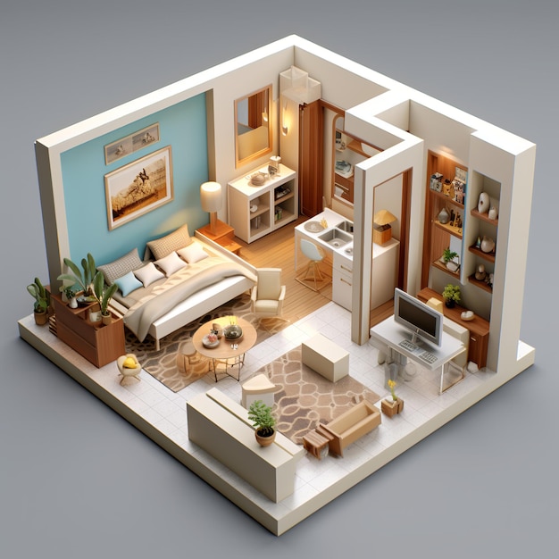 Иллюстрация создания 3D реалистичного крошечного 1-комнатного индивидуального интерьера