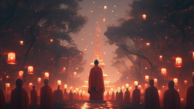 illustration Makha Bucha Day in red