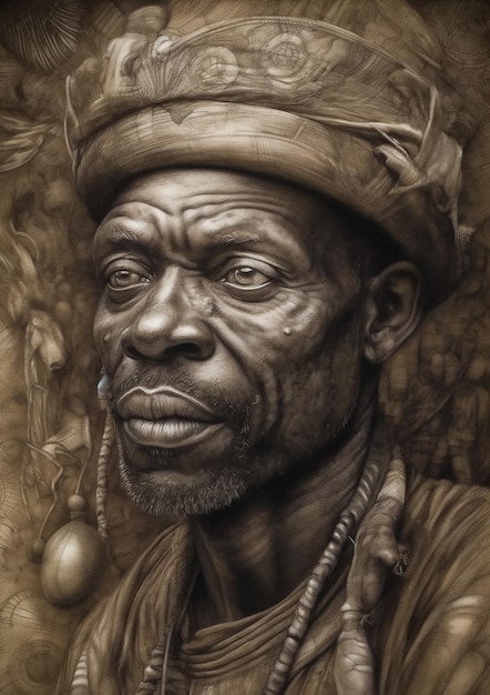 Иллюстрация мужчины-африканца в вымышленном пейзаже для концепт-арта персонажа