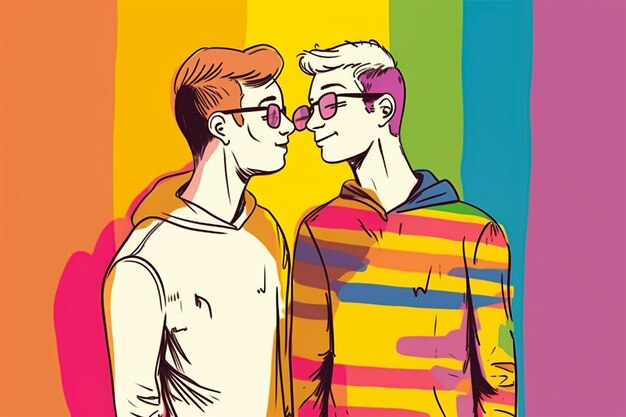 Illustration of male couple standing in front of colorful lgbt flag