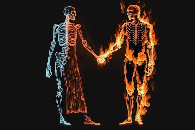 Illustration of a male and female skeleton holding hands as engulfed in flames