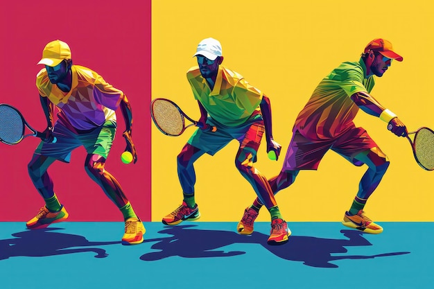 Photo illustration of a male pickelball player reaching for the ball on a colored background
